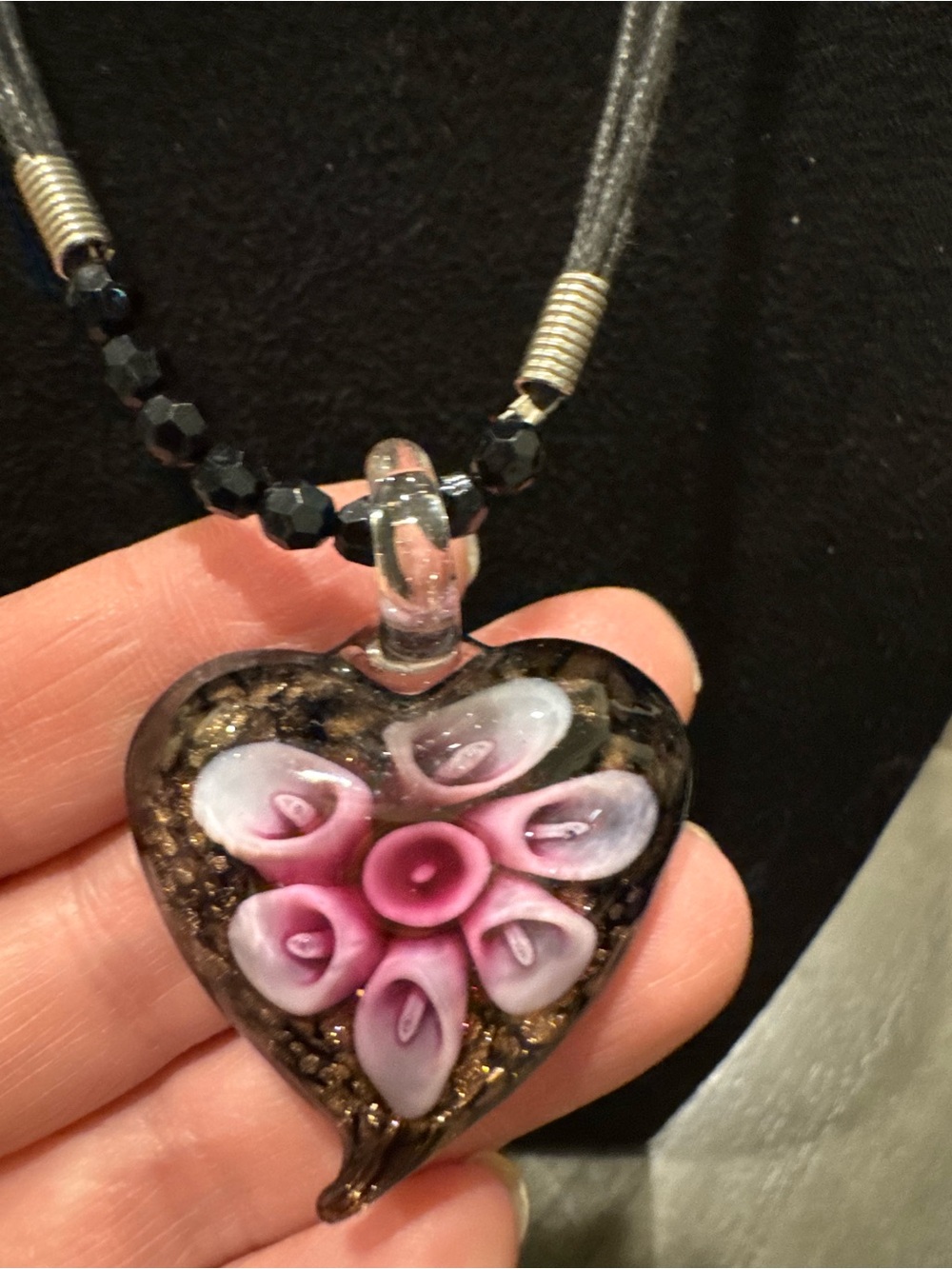 Lampwork Glass Heart Pendant Necklace Pink Floral Black Multi Strand Cord